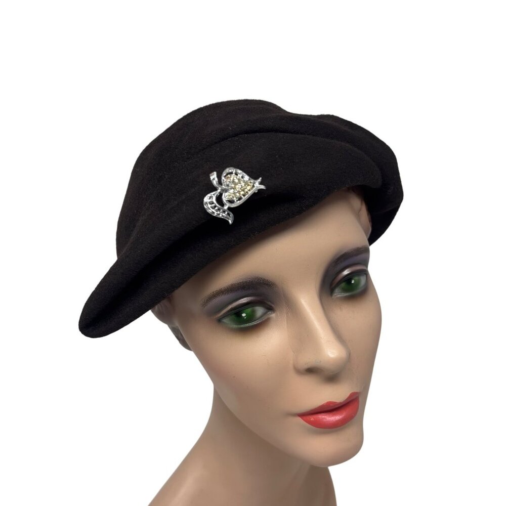 Vintage 1950s Brown Hat Womens Brown Wool Pointed Cap With Silver Brooch - Picture 3 of 12